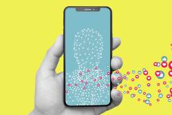 photo illustration of a wireframe AI person on a phone screen