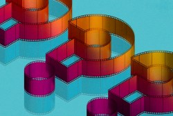 Question marks composed of film reels set against a blue background