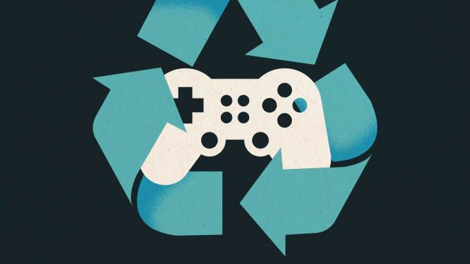Video game controller surrounded by a recycle icon