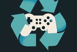 Video game controller surrounded by a recycle icon
