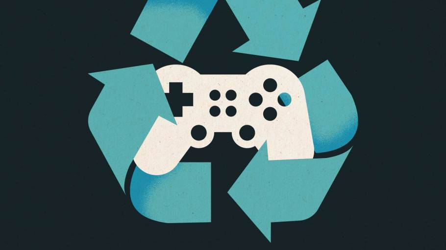 Video game controller surrounded by a recycle icon