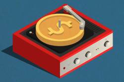 Illustration of a record player spinning a gold coin