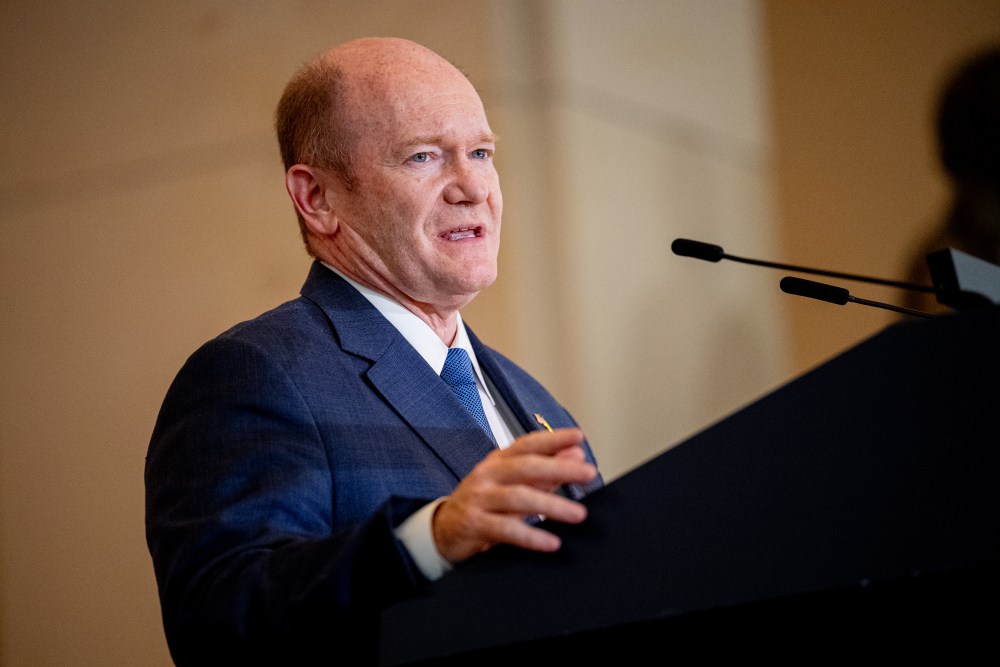 WASHINGTON, DC - SEPTEMBER 18: Sen. Chris Coons (D-DE) speaks during a Congressional Gold Medal ceremony on Capitol Hill on September 18, 2024 in Washington, DC. The Congressional Gold Medal was presented to family members of Katherine Johnson, Dorothy Vaughan, Mary Jackson, and Christine Darden, as well as a medal to all the "women mathematicians, engineers, and 'human computers' in the U.S space program from the 1930s to the 1970s," often referred to as the "hidden figures" of the space race. (Photo by Andrew Harnik/Getty Images)
