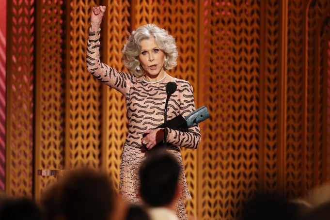 LOS ANGELES, CALIFORNIA - FEBRUARY 23: Honoree Jane Fonda accepts the SAG Life Achievement Award onstage during the 31st Annual Screen Actors Guild Awards at Shrine Auditorium and Expo Hall on February 23, 2025 in Los Angeles, California. (Photo by Matt Winkelmeyer/Getty Images)