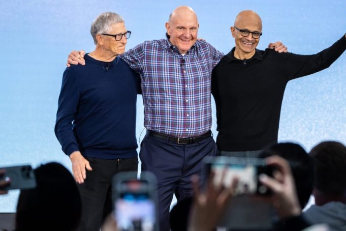 REDMOND, WASHINGTON - APRIL 4: Former Microsoft CEOs Bill Gates, left, and Steve Ballmer, center, pose for photos with CEO Satya Nadella during an event celebrating the 50th Anniversary of Microsoft on April 4, 2025 in Redmond, Washington. Microsoft also highlighted updates in Copilot, the company's AI tool. (Photo by Stephen Brashear/Getty Images)