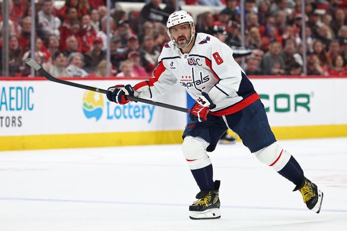 RALEIGH, NORTH CAROLINA - APRIL 02: Alex Ovechkin #8 of the Washington Capitals skates during the second period of the game against the Carolina Hurricanes at Lenovo Center on April 02, 2025 in Raleigh, North Carolina. (Photo by Jared C. Tilton/Getty Images)