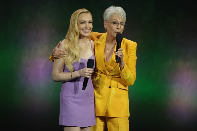LAS VEGAS, NEVADA - APRIL 03: Lindsay Lohan and Jamie Lee Curtis speak onstage to promote the upcoming film "Freaky Friday 2" at the The Walt Disney Studios Presentation during CinemaCon, the official convention of Cinema United, at The Colosseum at Caesars Palace on April 03, 2025 in Las Vegas, Nevada.  (Photo by Ethan Miller/Getty Images)