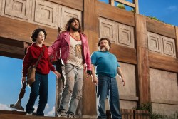 A MINECRAFT MOVIE, (aka MINECRAFT: THE MOVIE), from left: Sebastian Hansen, Jason Momoa, Jack Black, 2025. © Warner Bros. / Courtesy Everett Collection