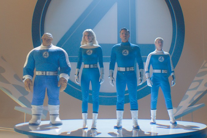 (L-R): Ebon Moss-Bachrach as Ben Grimm/The Thing, Vanessa Kirby as Sue Storm/Invisible Woman, Pedro Pascal as Reed Richards/Mister Fantastic  and Joseph Quinn as Johnny Storm/Human Torch in 20th Century Studios/Marvel Studios' FANTASTIC FOUR: FIRST STEPS. Photo courtesy of 20th Century Studios/Marvel Studios. © 2025 20th Century Studios / © and ™ 2025 MARVEL.