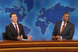 SATURDAY NIGHT LIVE -- Episode 1872 -- Pictured: (l-r) Anchor Colin Jost and anchor Michael Che during Weekend Update on Saturday, December 7, 2024 -- (Photo by: Will Heath/NBC)
