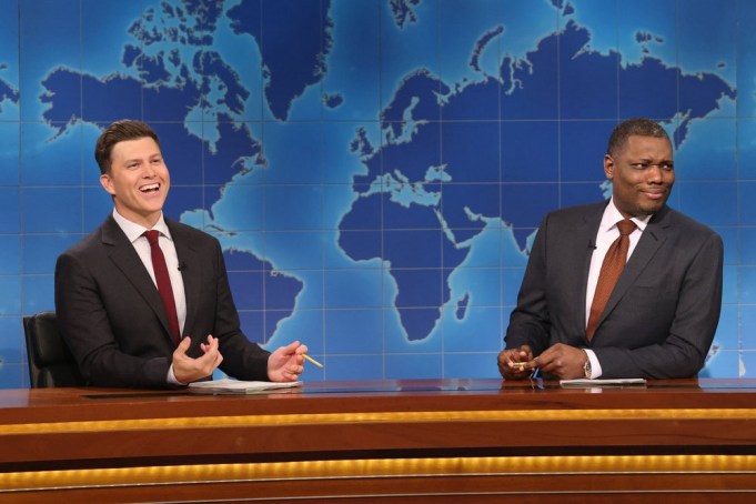 SATURDAY NIGHT LIVE -- Episode 1872 -- Pictured: (l-r) Anchor Colin Jost and anchor Michael Che during Weekend Update on Saturday, December 7, 2024 -- (Photo by: Will Heath/NBC)