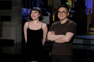 SATURDAY NIGHT LIVE -- Episode 1878 -- Pictured: Host and musical guest Lady Gaga and Bowen Yang during Promos in Studio 8H on Thursday, March 6, 2025 -- (Photo by: Rosalind OConnor/NBC)