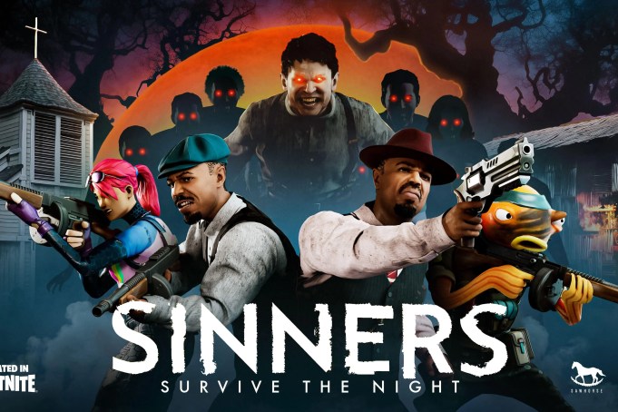The cast and characters of the film Sinners rendered in the video game Fortnite, wielding firearms as vampiric enemies with glowing red eyes approach them from behind.